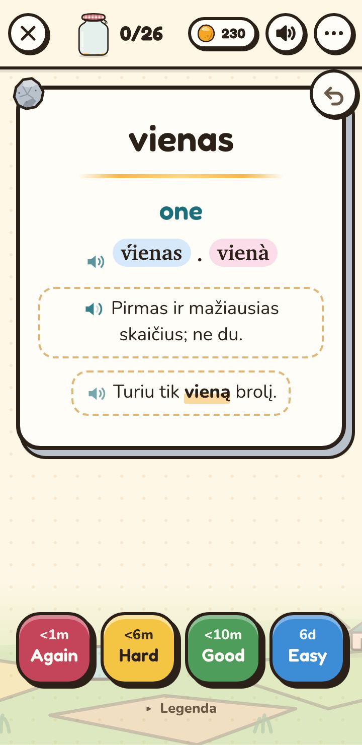 Gintaro kelias on a phone: the word card for vienas, one, with its stressed forms, a Lithuanian definition and an example sentence, and the four answer buttons.