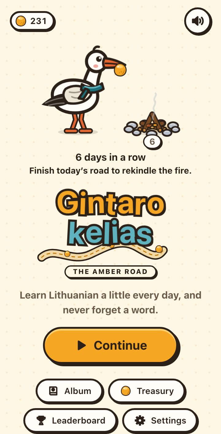 The title screen: the stork, a six-day streak by the campfire, the goal of never forgetting a word, and the Continue button.